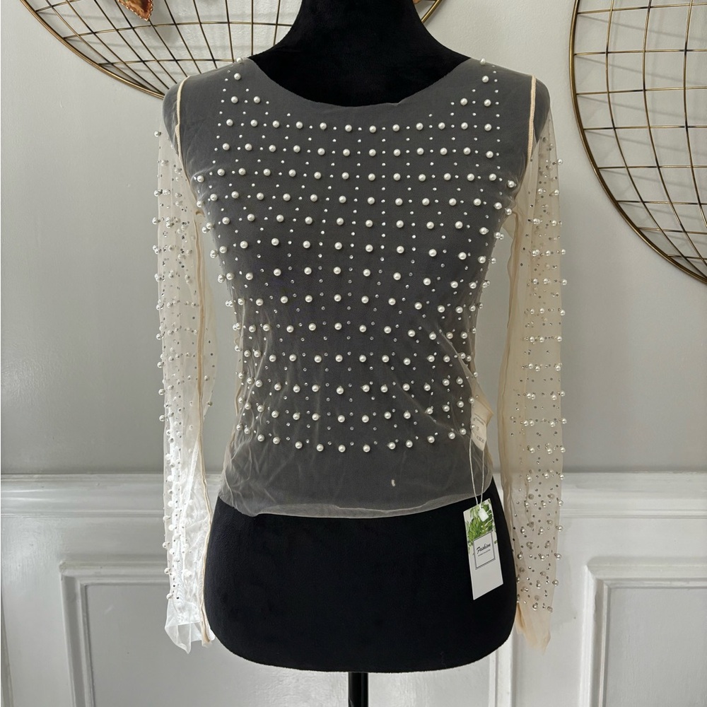 [NWT] Women's Pearl Rhinestone See Through Long Sleeve Mesh Blouse